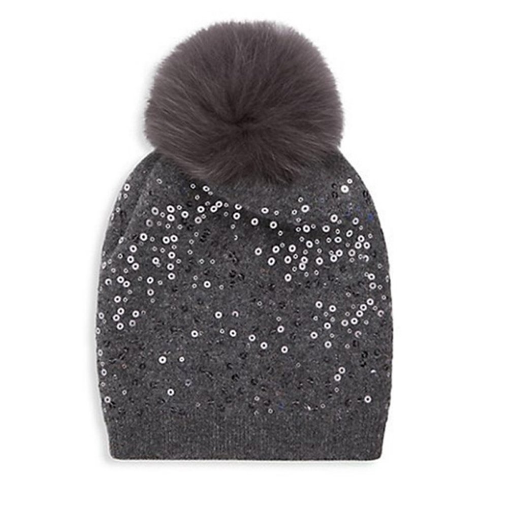 NWT Women Fox Fur-Trim & Sequin Knit Gray Pom-Pom Beanie